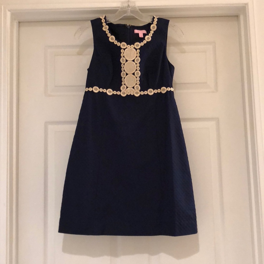 lilly pulitzer navy shift dress with gold trim